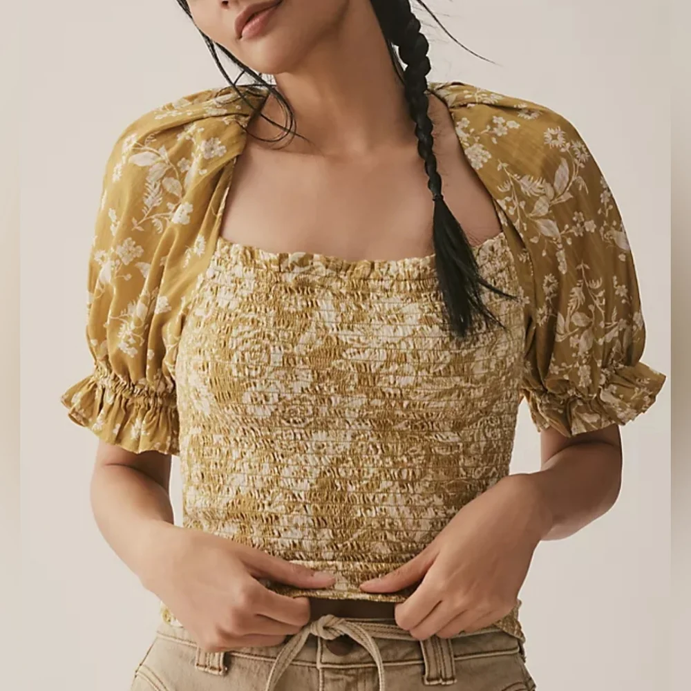 Anthropologie‎ Cotton Seersucker Smocked Puff-Sleeve Crop Top Large Chartreuse - Picture 3 of 15